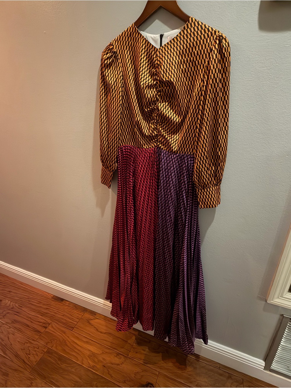 Colorblock Long Sleeve Midi Dress in Mustard, Purple & Red